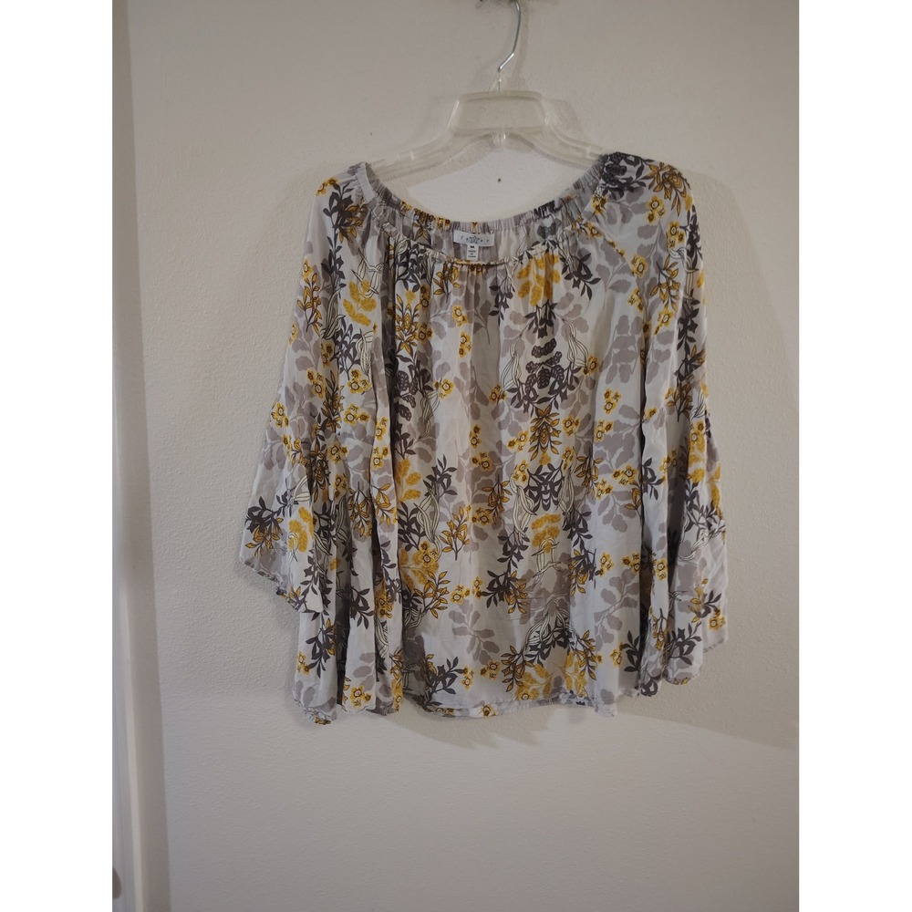 Fever Womens Floral Bell Sleeve Blouse Grey Yellow Boho Peasant Top Medium
